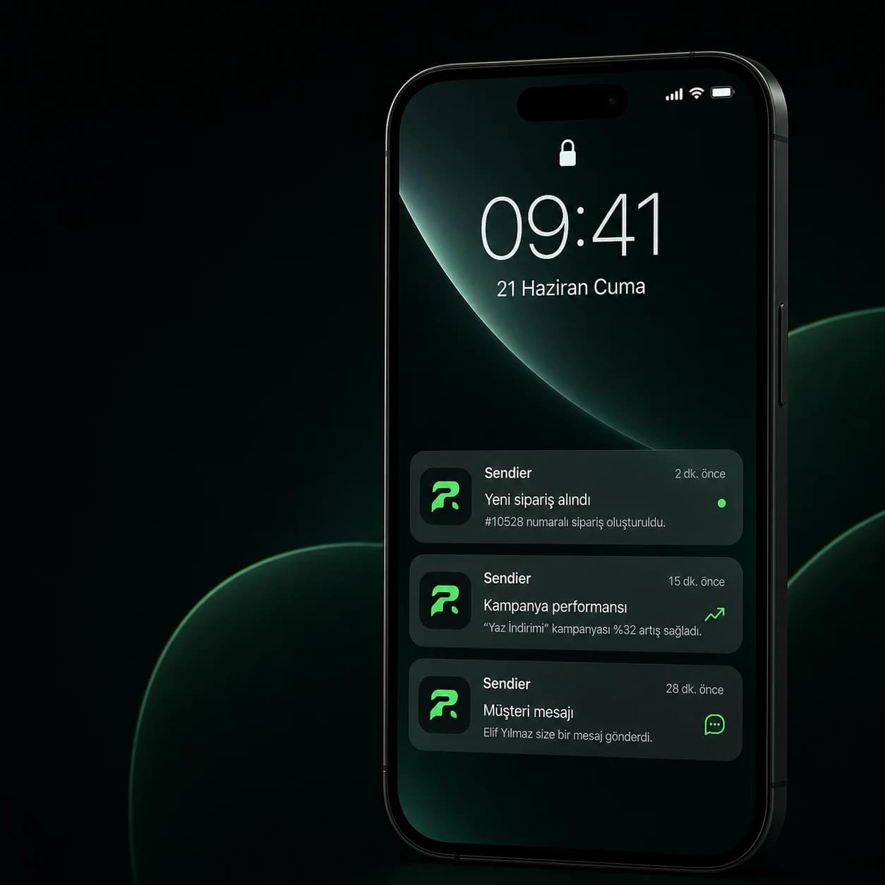 Sendier sipariş, kampanya ve müşteri mesajı bildirimlerini gösteren telefon ekranı